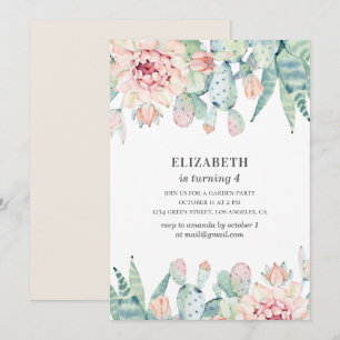 Invitation Cactus floral aquarelle. Bébé fille. Anniversaire