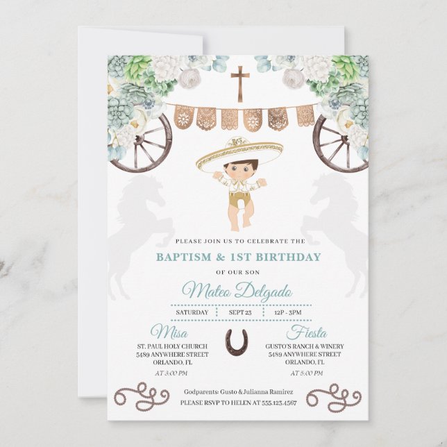 Invitation Cactus Floral Mexicain Baby Boy Charro Baptême (Devant)