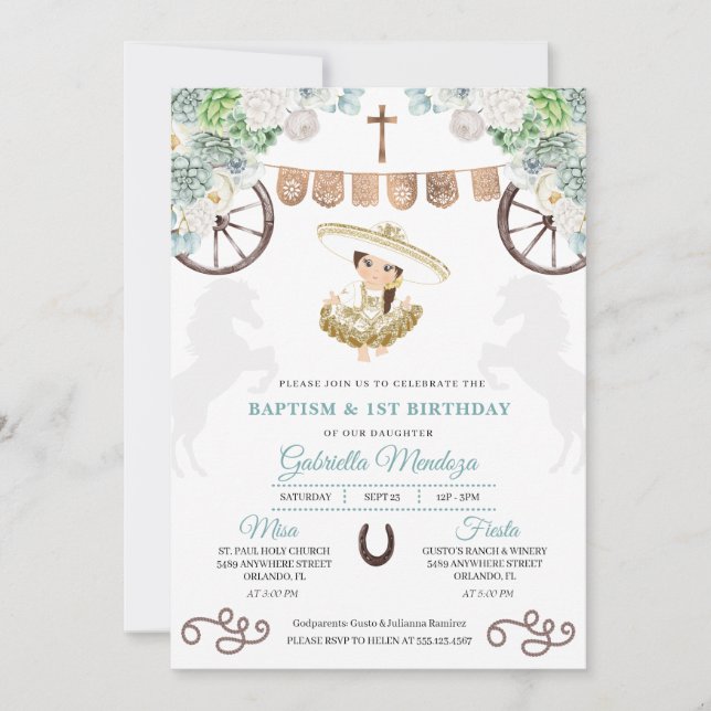 Invitation Cactus Floral Mexicaine Baby Girl Charra Baptism (Devant)