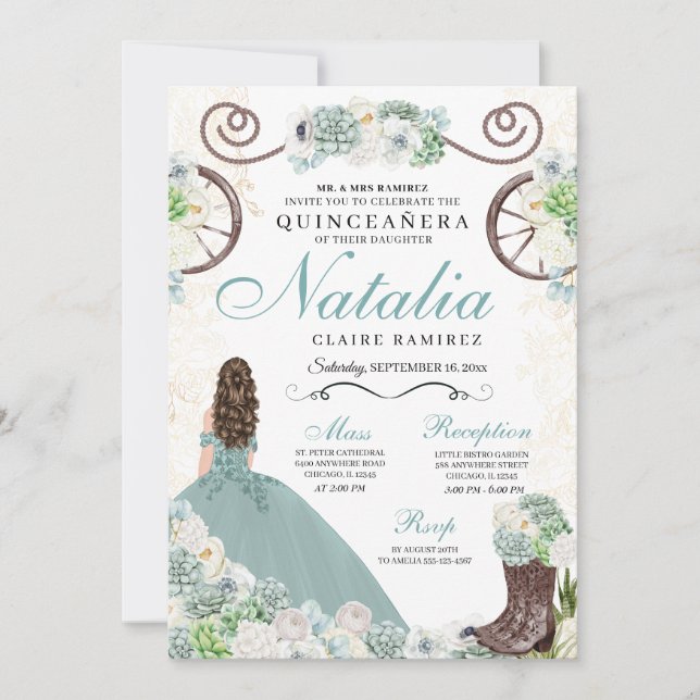 Invitation Cactus Floral Mint Green Western Charra Quinceaner (Devant)