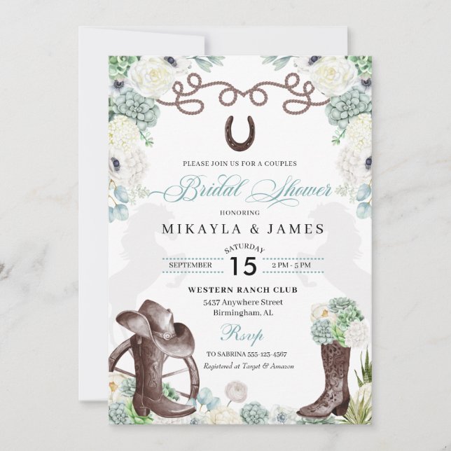 Invitation Cactus Floral Western Cowboy Boots Fête des mariée (Devant)