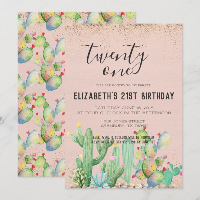 Invitation Cactus Garden Thème 21ème anniversaire (Devant / Derrière)
