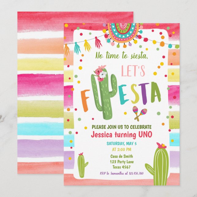 Invitation Cactus mexicain 1er Fête Anniversaire (Devant / Derrière)