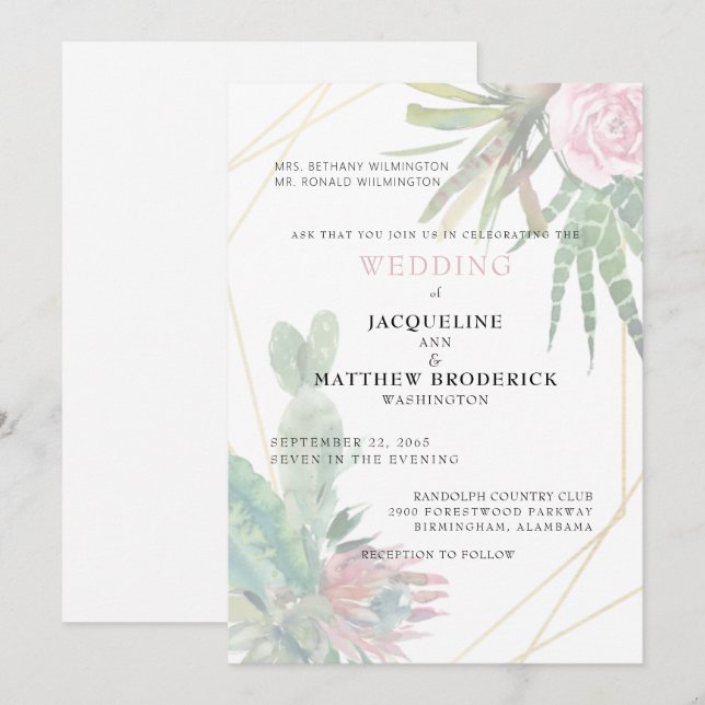 Invitation Cactus modernes Parents tropicaux Mariage Matte (Devant / Derrière)