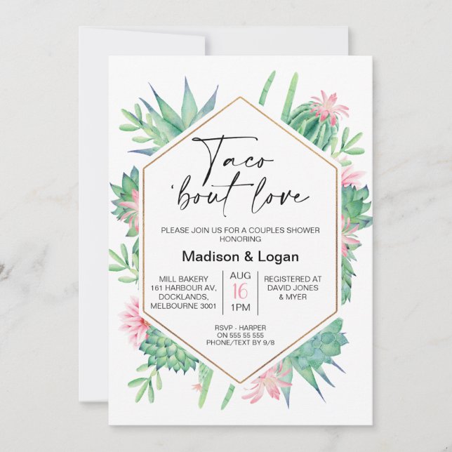 Invitation Cactus rose géométrique Taco Bout Love Fête des ma (Devant)