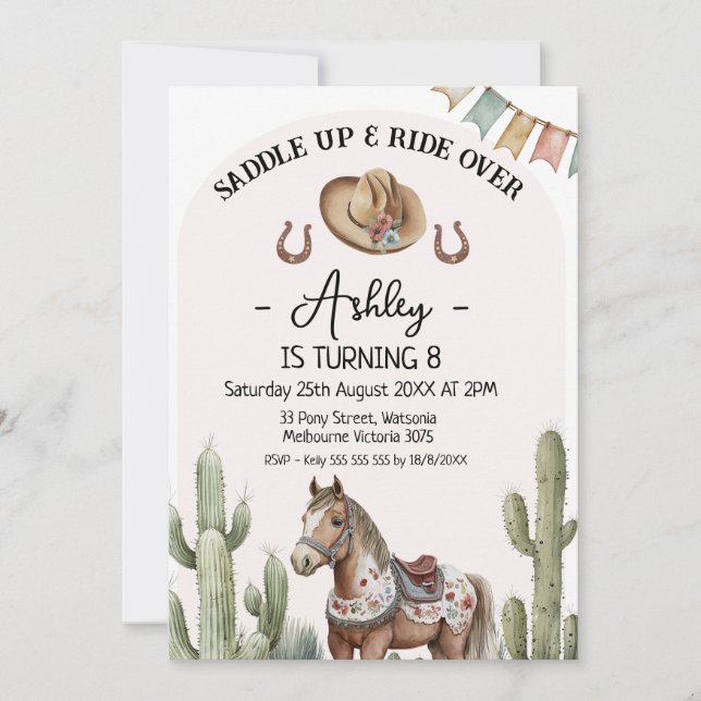 Invitation Cactus Rustique moderne Saddup Cheval Anniversaire (Devant)