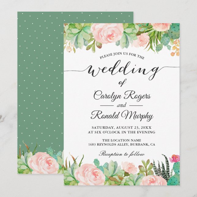 Invitation Cactus rustique Succulent Blush Green Floral Maria (Devant / Derrière)