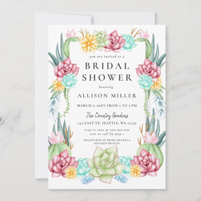 Invitation Cactus rustique Succulent Rose Fête des mariées fl (Devant)