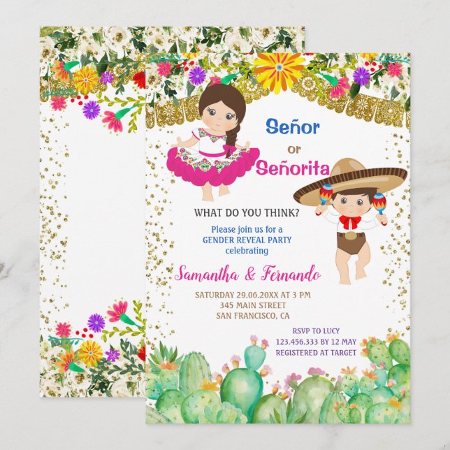 Invitation Cactus Señor ou Señorita Fiesta Révélation de genr (Devant / Derrière)