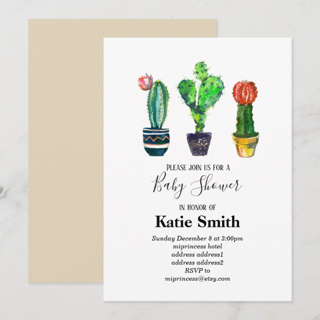 Invitation cactus, succulent, aquarelle, fiesta, baby shower (Devant / Derrière)