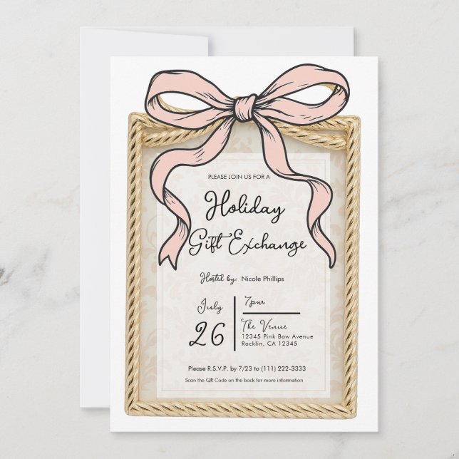 Invitation Cadeau Bow Or Ribbon rose Bow cadeau de vacances (Devant)