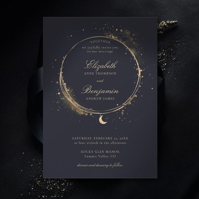 Invitation Cadeau céleste Moody Marine Elegant Mariage or (celestial wedding invitation elegant frame watercolor moon stars sky modern classic moody navy)