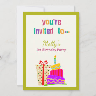 Invitation Cadeau de gâteau coloré 1er Anniversaire Fête Invi