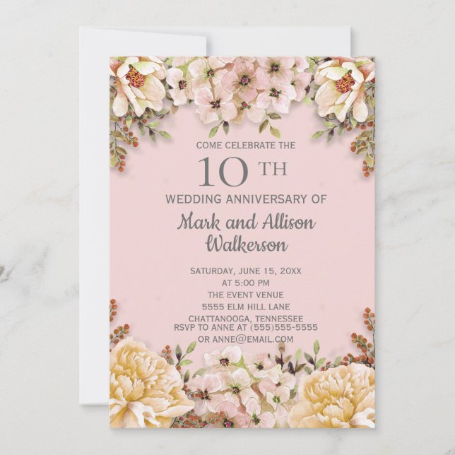 Invitation Cadeau de mariage 10 ans Fleurs d'ivoire rose (Devant)