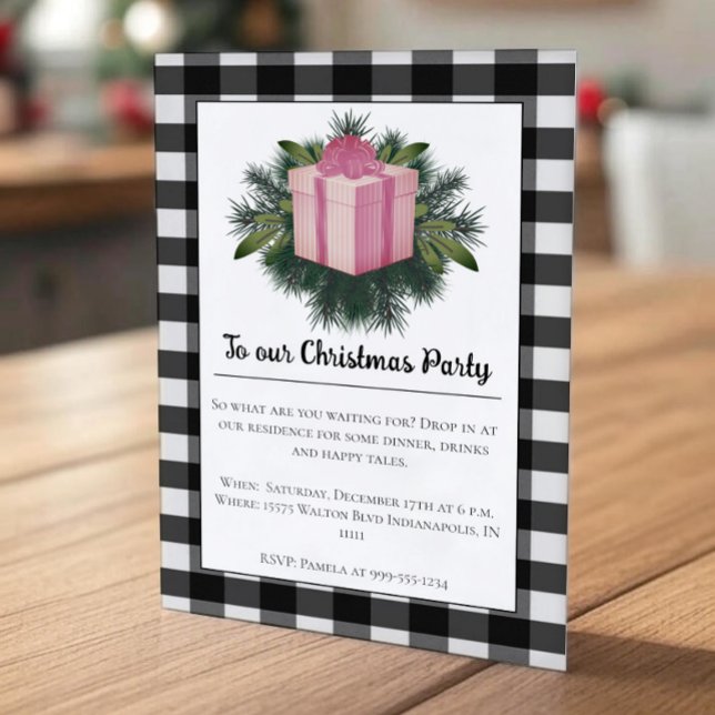Invitation Cadeau de Noël Plaid Buffalo | Pink Holiday Party (Pink Buffalo Plaid Christmas Gift Holiday Party Invitation)