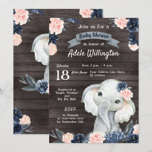 Invitation Cadeau d'éléphant aquarelle floral marine rose boi