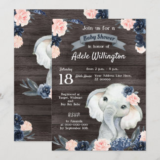 Invitation Cadeau d'éléphant aquarelle floral marine rose boi