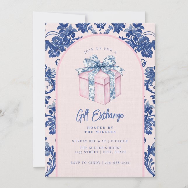 Invitation Cadeau Grandmillennial Pink & Blue Damask (Devant)