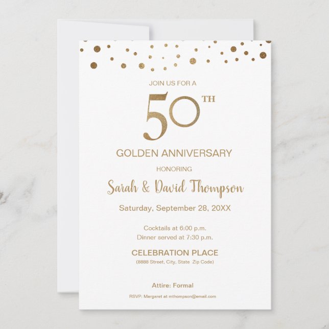 Invitation Cadeau personnalisé Or blanc 50e anniversaire de m (Devant)