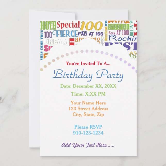 Invitation Cadeaux Uniques Et Spéciaux 100e Fête Anniversaire (Devant)