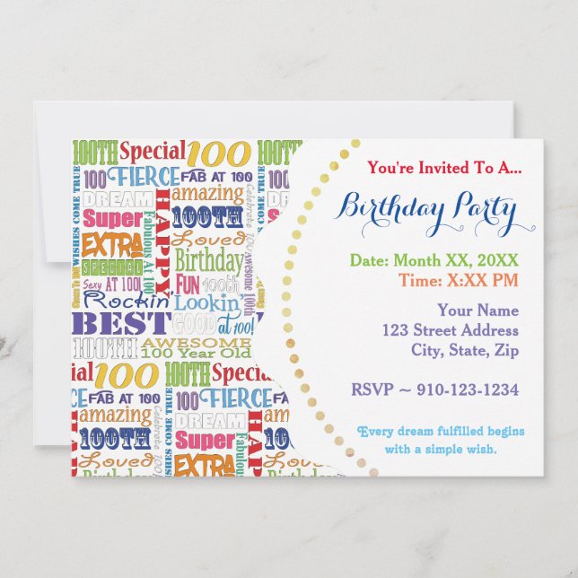 Invitation Cadeaux Uniques Et Spéciaux 100e Fête Anniversaire (Devant)