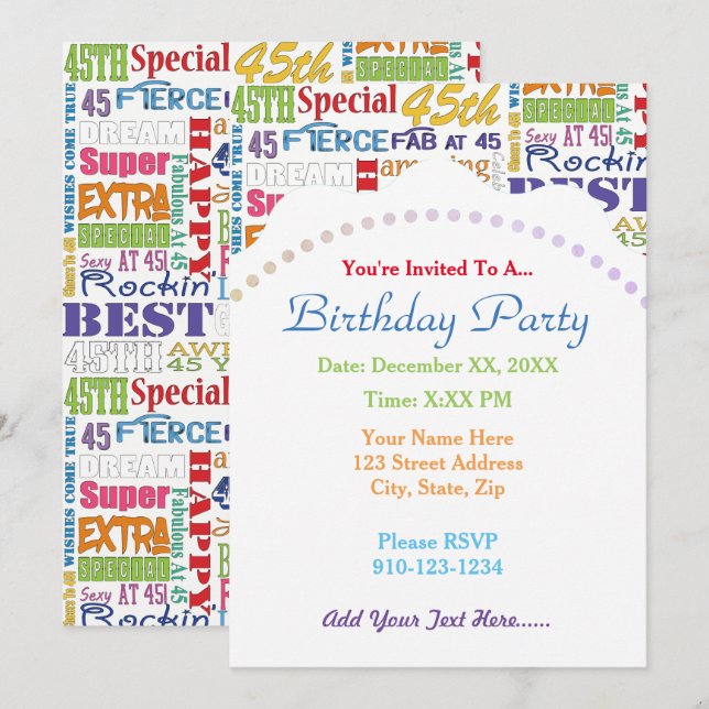 Invitation Cadeaux uniques et spéciaux pour les fêtes du 45e  (Devant / Derrière)