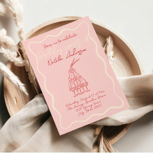 Invitation Cadran rouge rose vif tiré à la main les années 70