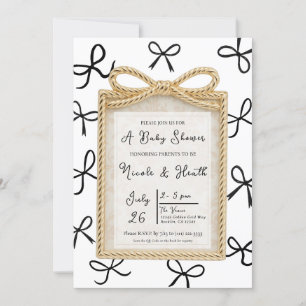 Invitation Cadre à arc doré et petits nœuds noirs Baby Shower