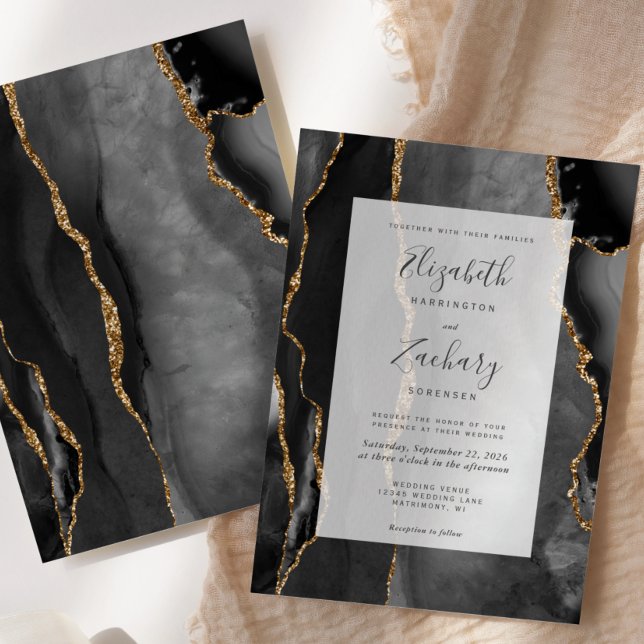 Invitation Cadre Agate moderne Black Gold Mariage (Créateur téléchargé)