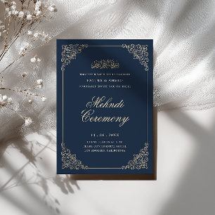 Invitation Cadre Antique Baroque Bleu Nuit Cérémonie Mehndi