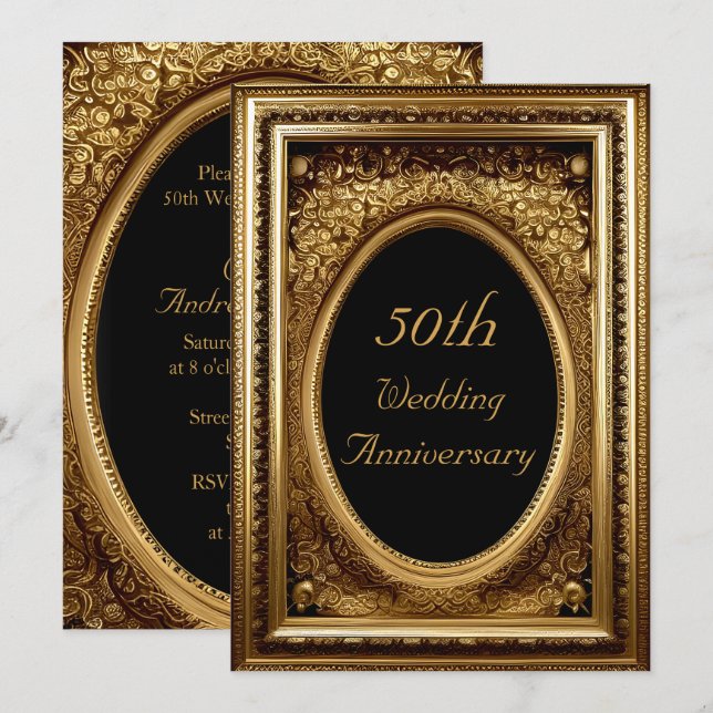 Invitation Cadre antique floral orné en or 50e anniversaire (Devant / Derrière)