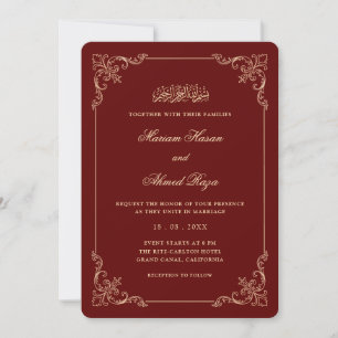 Invitation Cadre Antique Or Bourgogne Rouge Mariage Musulman