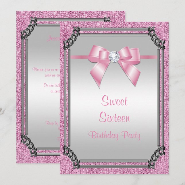 Invitation Cadre argent élégant et posh rose Gem Bow Sweet 16 (Devant / Derrière)