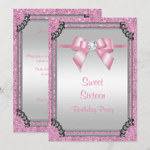 Invitation Cadre argent élégant et posh rose Gem Bow Sweet 16