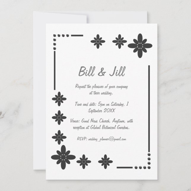Invitation Cadre Argent Floral Sur Mariage Arrière - plan Bla (Devant)