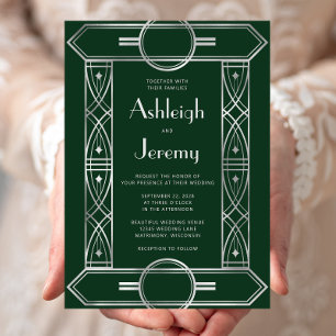 Invitation Cadre Argent Vintage Deco Mariage Vert Émeraude