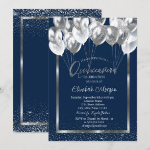Invitation Cadre argenté Ballons de confettis bleus marine Qu