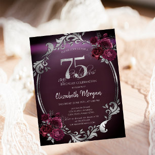 Invitation Cadre argenté chic Roses bordeaux 75e anniversaire