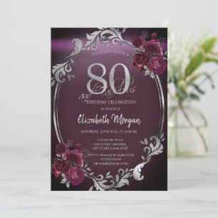 Invitation Cadre argenté chic Roses bordeaux 80e anniversaire