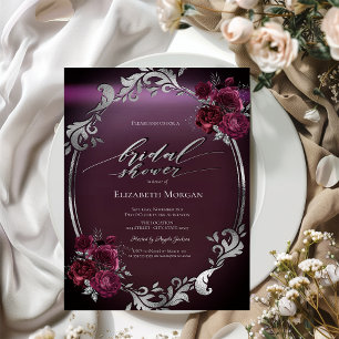 Invitation Cadre argenté chic Roses bordeaux Baby shower mari