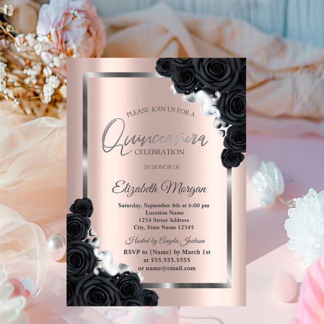 Invitation Cadre argenté élégant, Roses noires Quinceañera (Créateur téléchargé)