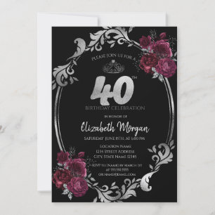 Invitation Cadre argenté Roses bordeaux 40e anniversaire