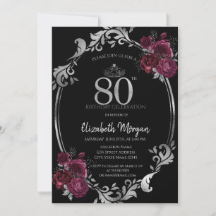 Invitation Cadre argenté Roses bordeaux 80e anniversaire