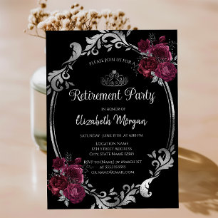 Invitation Cadre argenté Roses bordeaux Retraite noire