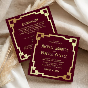 Invitation Cadre Art Déco Bordeaux Or Tout en Un Mariage