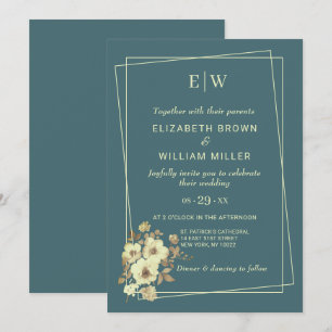 Invitation Cadre avec Rose, style Mariage sur bleu marine