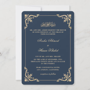 Invitation Cadre baroque orné Cérémonie de Nikah bleu royal