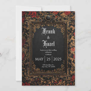 Invitation Cadre baroque rose noire dorée pour mariage