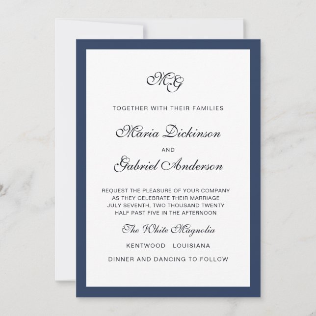 Invitation Cadre bleu marine classique Élégant mariage Invita (Devant)