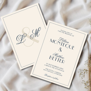 Invitation Cadre Bleu Marine Initial Mariage Calme Argent Anc